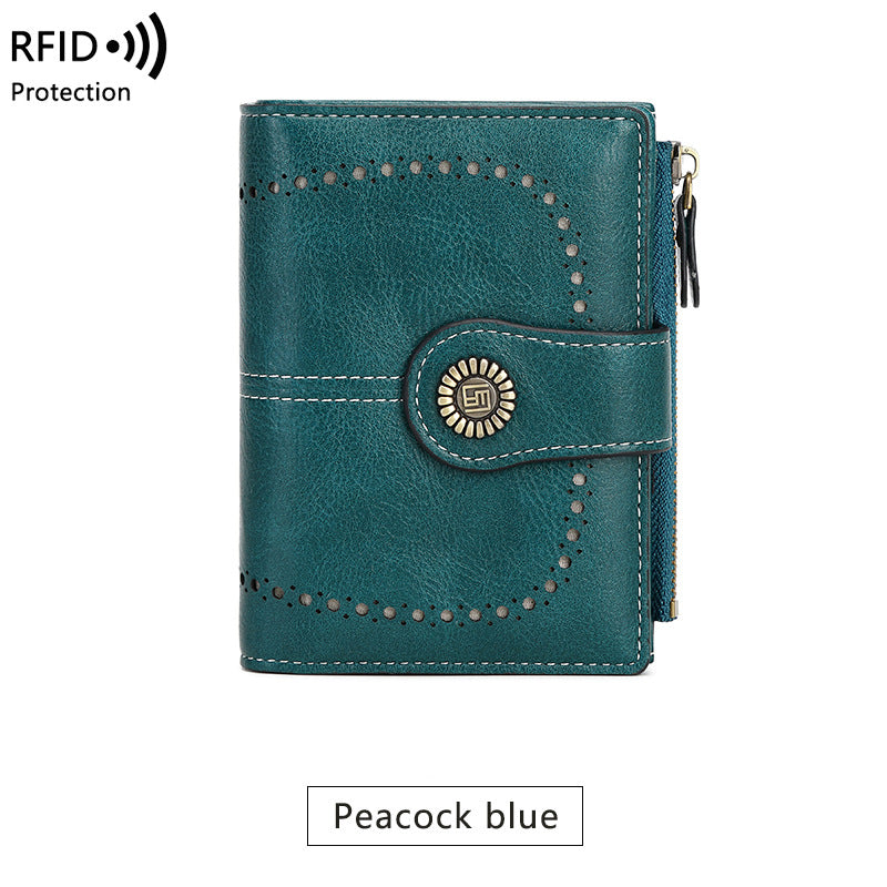 Cartera RFID para mujer, tarjetero corto de piel encerada, billetera cero, billetera moderna con hebilla y cremallera