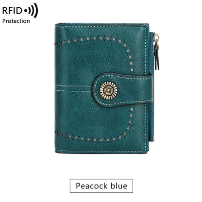 Cartera RFID para mujer, tarjetero corto de piel encerada, billetera cero, billetera moderna con hebilla y cremallera