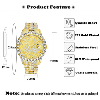 MISSFOX 2643Re Relojes para Hombre. Moderno simulando Diamante. Resistente al Agua. Oro de 18k Reloj Analógico de Cuarzo