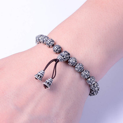 Pulsera de mantra budista de plata fina 999 maciza con cuentas de Buda para joyería vintage unisex, elástica, 17-22 cm