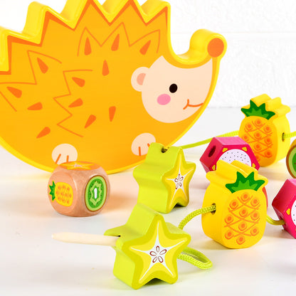 Rompecabezas de madera forma de erizo para niños. Juguete de cuentas de fruta para guardería, educación temprana.