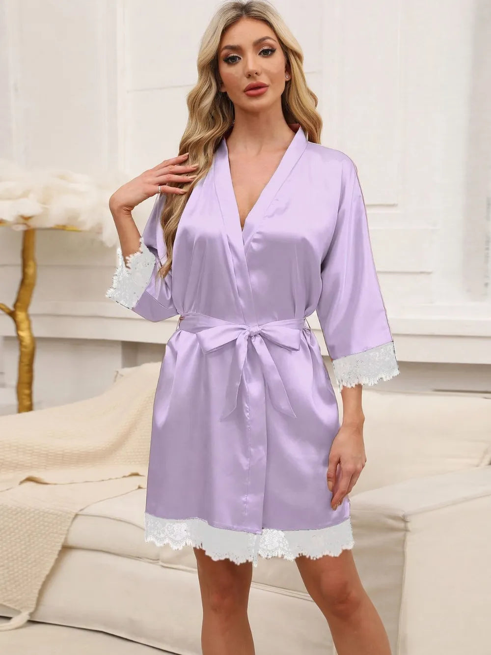 Pijama para mujer, bata de baño de color con encaje y empalme