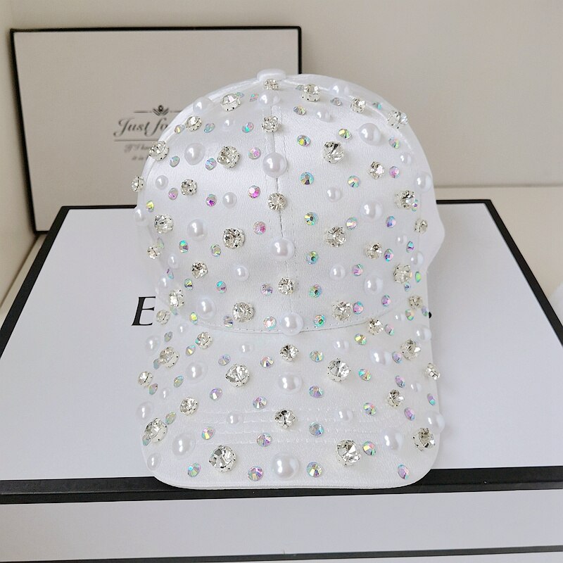 Gorra de béisbol con perlas y diamantes de imitación para mujer y niña, ajustable, color blanco y rosa, a la moda, de alta calidad
