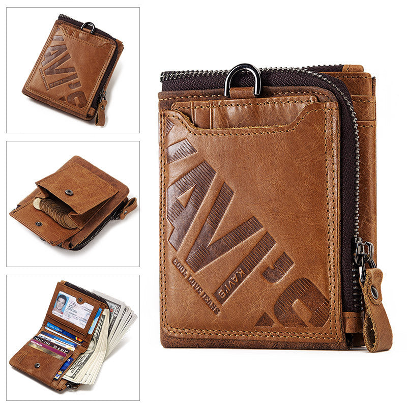 Cartera corta de piel de vaca auténtica para hombre, moderna, informal, con cremallera