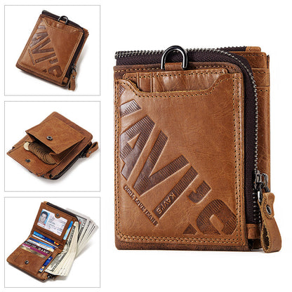Cartera corta de piel de vaca auténtica para hombre, moderna, informal, con cremallera