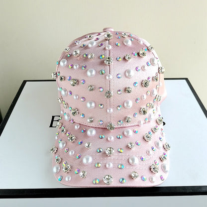Gorra de béisbol con perlas y diamantes de imitación para mujer y niña, ajustable, color blanco y rosa, a la moda, de alta calidad
