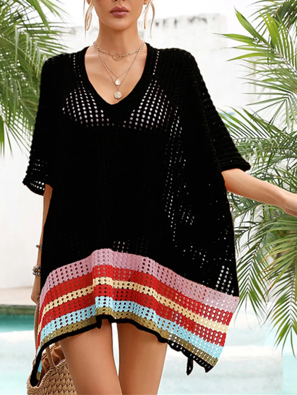 Vestido playero de media manga con escote en V calado y abertura