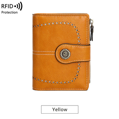 Cartera RFID para mujer, tarjetero corto de piel encerada, billetera cero, billetera moderna con hebilla y cremallera