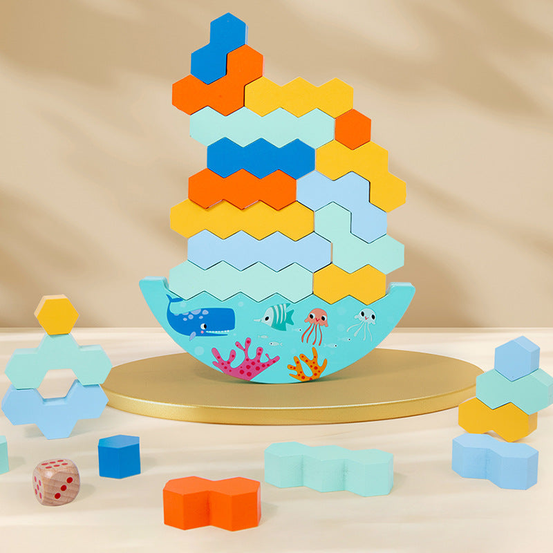 Juego de mesa de madera con bloques de construcción, con música. Entrenamiento de concentración infantil