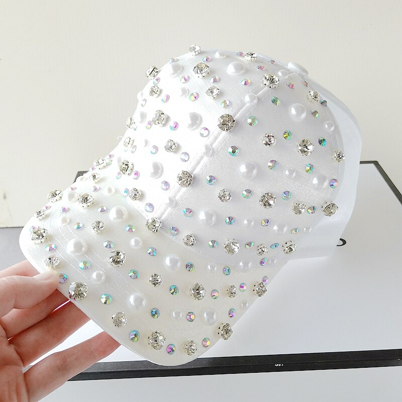 Gorra de béisbol con perlas y diamantes de imitación para mujer y niña, ajustable, color blanco y rosa, a la moda, de alta calidad