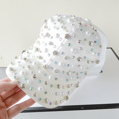 Gorra de béisbol con perlas y diamantes de imitación para mujer y niña, ajustable, color blanco y rosa, a la moda, de alta calidad