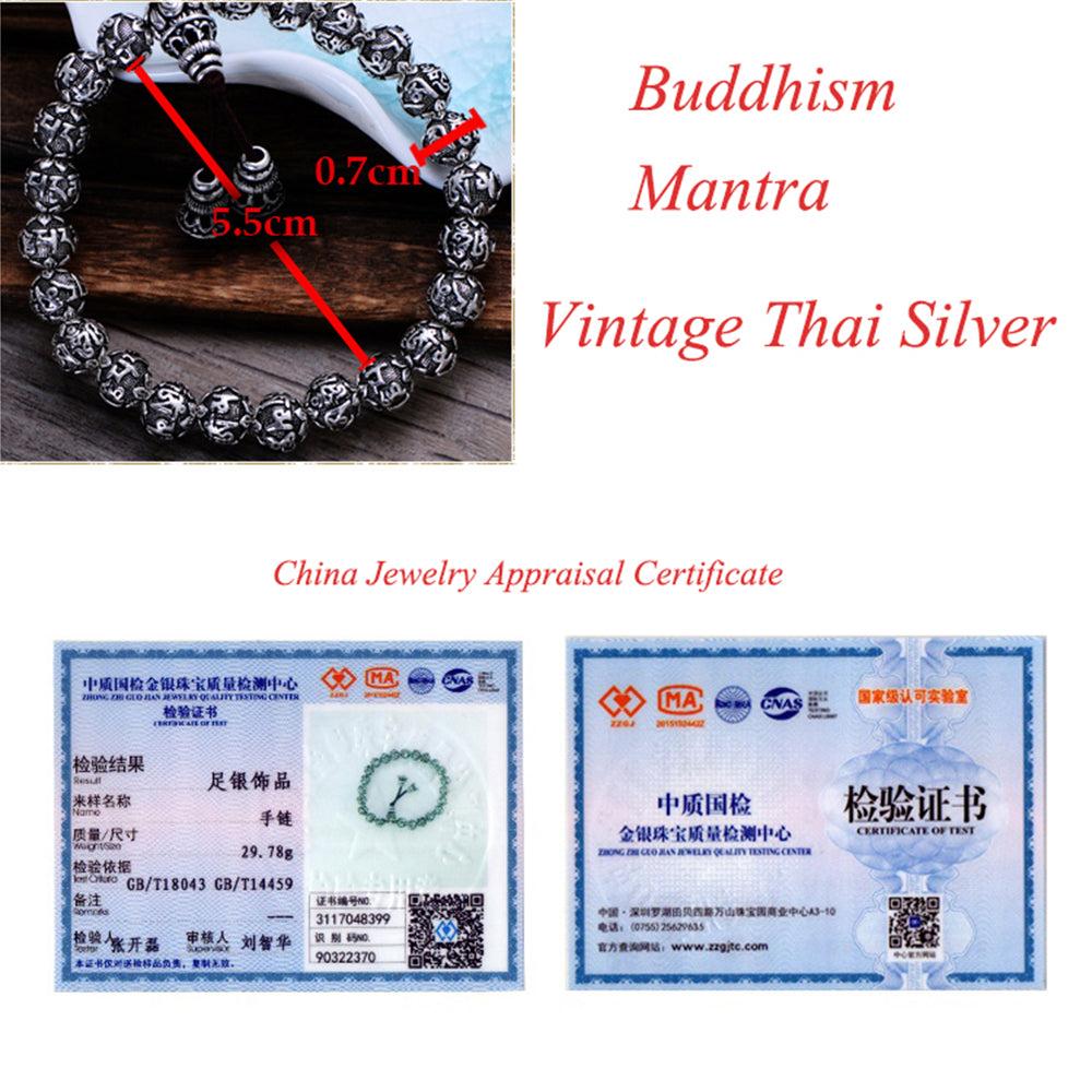 Pulsera de mantra budista de plata fina 999 maciza con cuentas de Buda para joyería vintage unisex, elástica, 17-22 cm