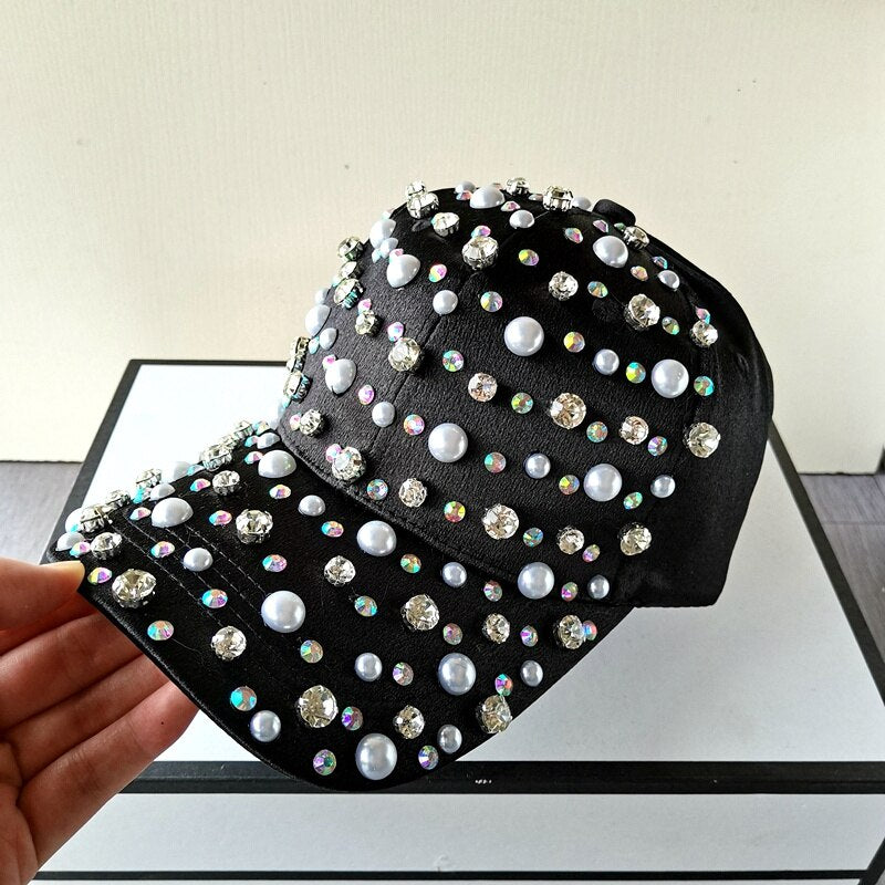 Gorra de béisbol con perlas y diamantes de imitación para mujer y niña, ajustable, color blanco y rosa, a la moda, de alta calidad