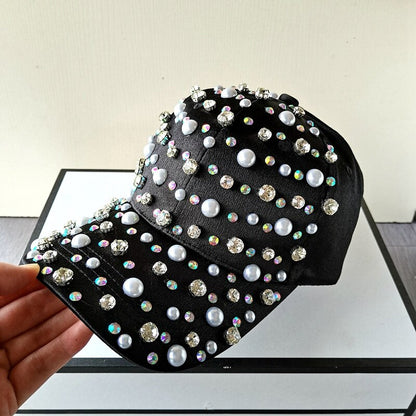 Gorra de béisbol con perlas y diamantes de imitación para mujer y niña, ajustable, color blanco y rosa, a la moda, de alta calidad