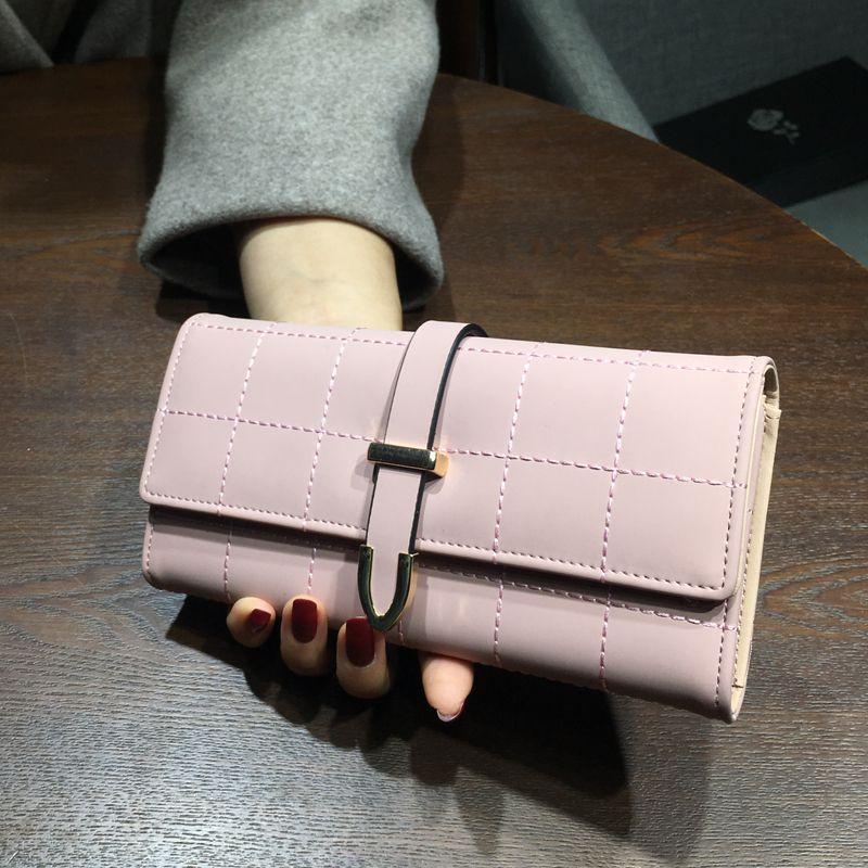 Carteras largas con cuadros de cuero de PU, monedero con broche