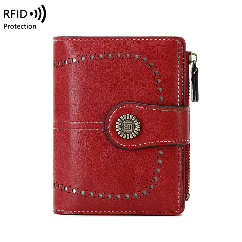 Cartera RFID para mujer, tarjetero corto de piel encerada, billetera cero, billetera moderna con hebilla y cremallera