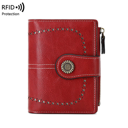 Cartera RFID para mujer, tarjetero corto de piel encerada, billetera cero, billetera moderna con hebilla y cremallera