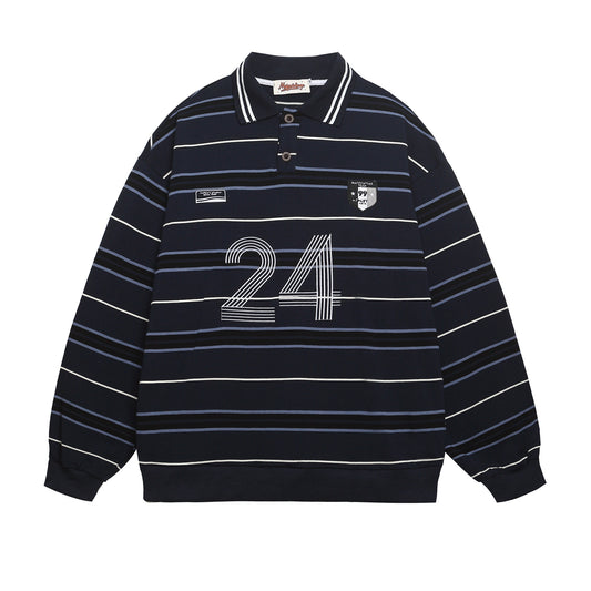 Sudadera unisex de rayas azules y blancas, holgada, informal, estilo relajado, versátil, con cuello polo