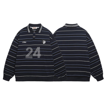 Sudadera unisex de rayas azules y blancas, holgada, informal, estilo relajado, versátil, con cuello polo