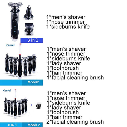 Afeitadora eléctrica 3D Kemei 7 en 1 para hombres, recortadora de barba 3 en 1, afeitadora recargable para hombres.