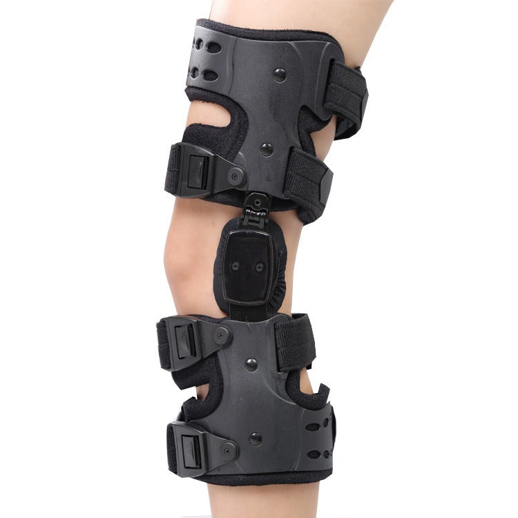Dispositivo ortopédico de soporte corrector de rodilla unilateral ajustable con giro interno y externo.