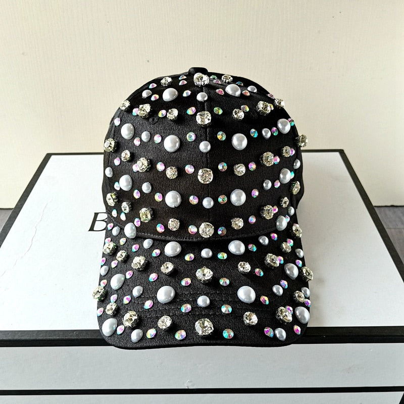 Gorra de béisbol con perlas y diamantes de imitación para mujer y niña, ajustable, color blanco y rosa, a la moda, de alta calidad