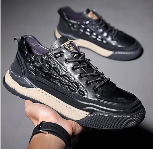 Zapatos deportivos de cuero genuino con cordones para hombre, zapatillas informales de moda