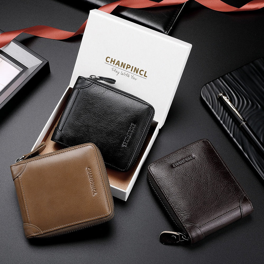 Cartera de cuero con cremallera, horizontal, multifunción, con caja de regalo