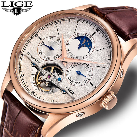 Relojes de marca LIGE para hombre, mecánico automático, Tourbillon, deportivo, de cuero, informal, de negocios, retro, de pulsera