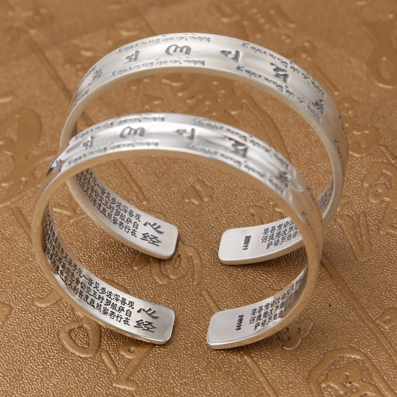 Brazalete de apertura para pareja, 100 % plata esterlina S999, para mujer y hombre, suave exfoliante, con escritura de Buda y mantra, joyería