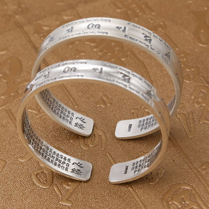 Brazalete de apertura para pareja, 100 % plata esterlina S999, para mujer y hombre, suave exfoliante, con escritura de Buda y mantra, joyería