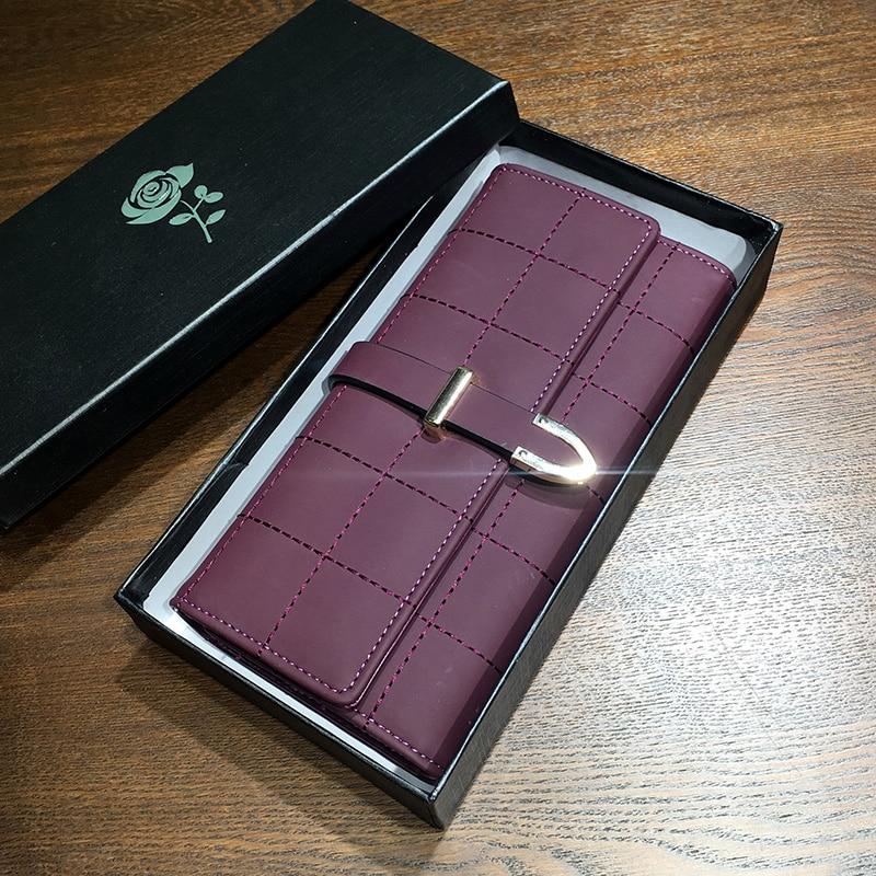 Carteras largas con cuadros de cuero de PU, monedero con broche